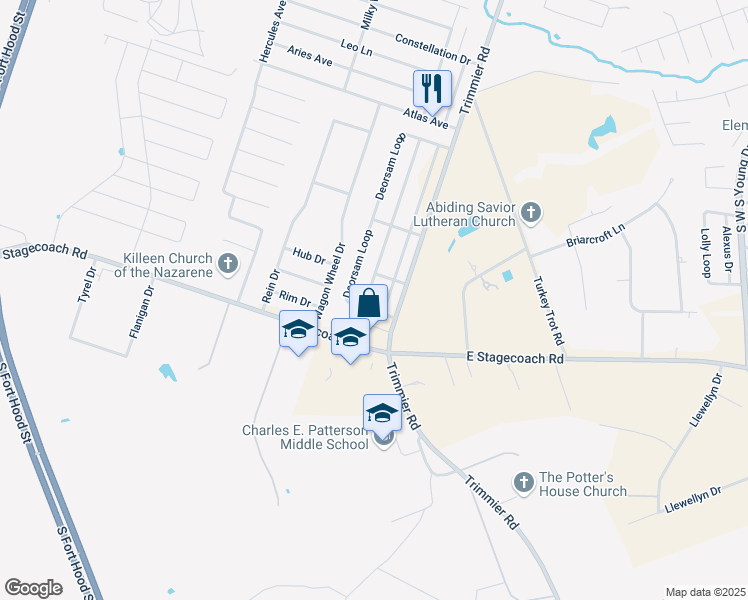 map of restaurants, bars, coffee shops, grocery stores, and more near 6907 Alvin Drive in Killeen