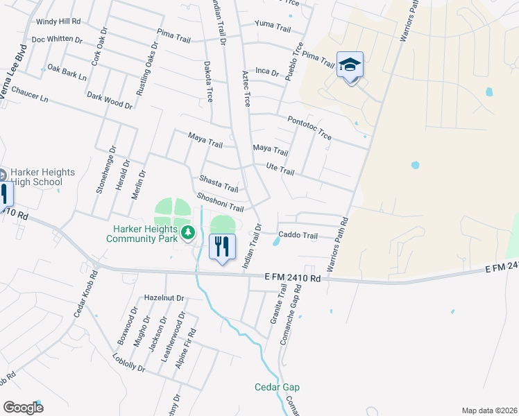 map of restaurants, bars, coffee shops, grocery stores, and more near 2201 Indian Trail in Harker Heights