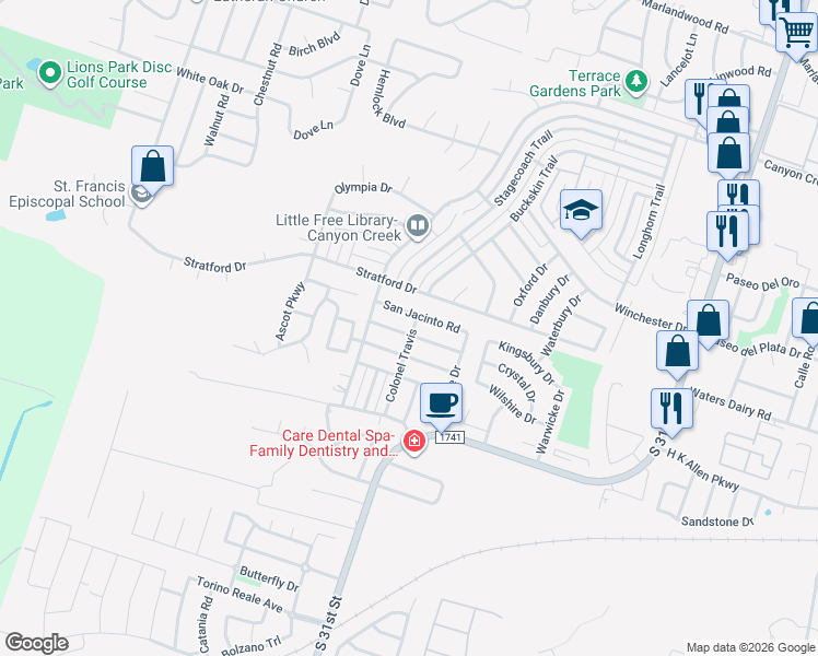 map of restaurants, bars, coffee shops, grocery stores, and more near 2802 Alamo Trail in Temple