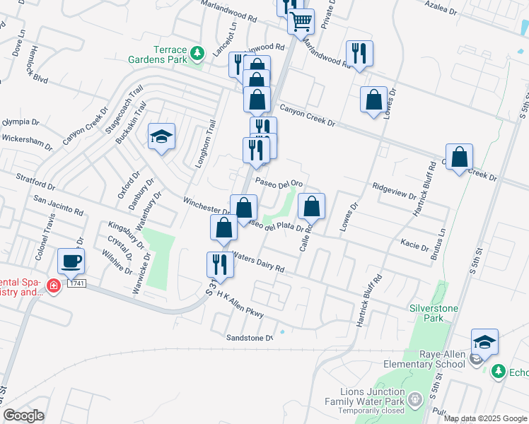 map of restaurants, bars, coffee shops, grocery stores, and more near 4613 Calle Nogal in Temple