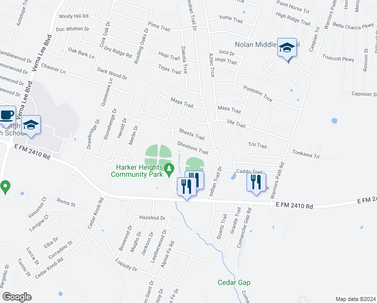 map of restaurants, bars, coffee shops, grocery stores, and more near 1514 Shoshoni Trail in Harker Heights