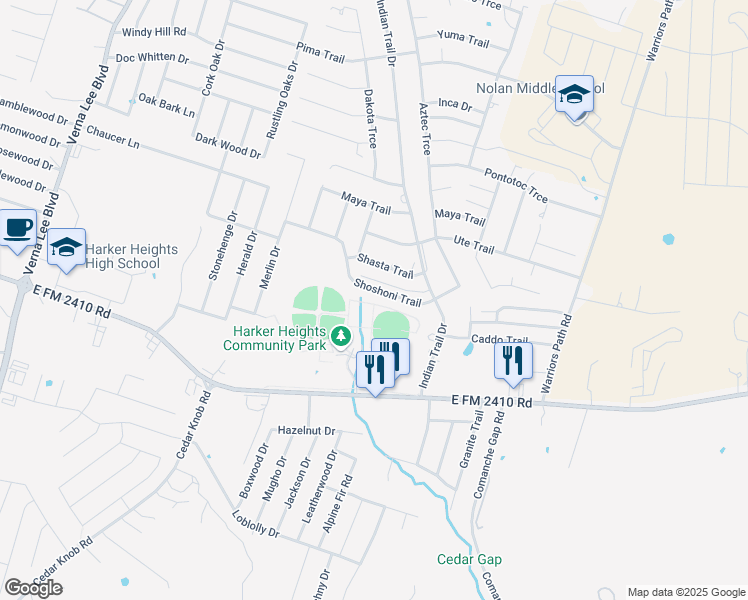 map of restaurants, bars, coffee shops, grocery stores, and more near 1514 Shoshoni Trail in Harker Heights