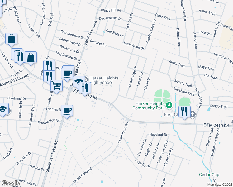 map of restaurants, bars, coffee shops, grocery stores, and more near 2100 Drawbridge Drive in Harker Heights
