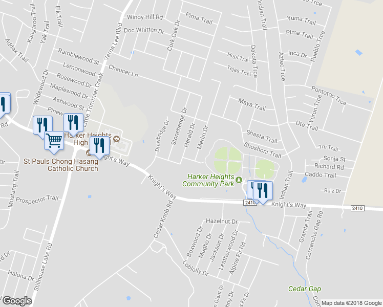 map of restaurants, bars, coffee shops, grocery stores, and more near 2021 Merlin Drive in Harker Heights