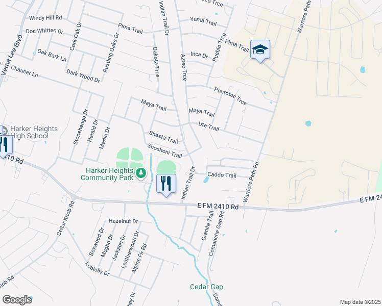 map of restaurants, bars, coffee shops, grocery stores, and more near 2000 Indian Trail in Harker Heights