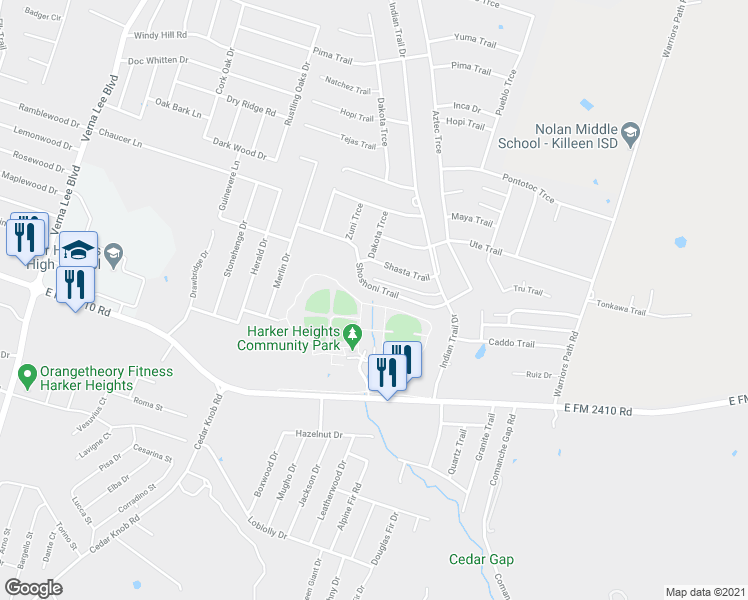 map of restaurants, bars, coffee shops, grocery stores, and more near 1514 Shoshoni Trail in Harker Heights