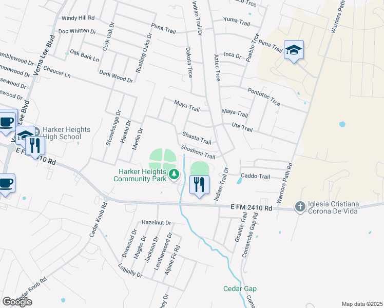 map of restaurants, bars, coffee shops, grocery stores, and more near 1518 Shoshoni Trail in Harker Heights