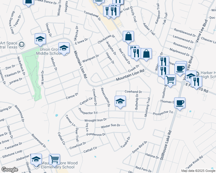 map of restaurants, bars, coffee shops, grocery stores, and more near 503 Mustang Trail in Harker Heights