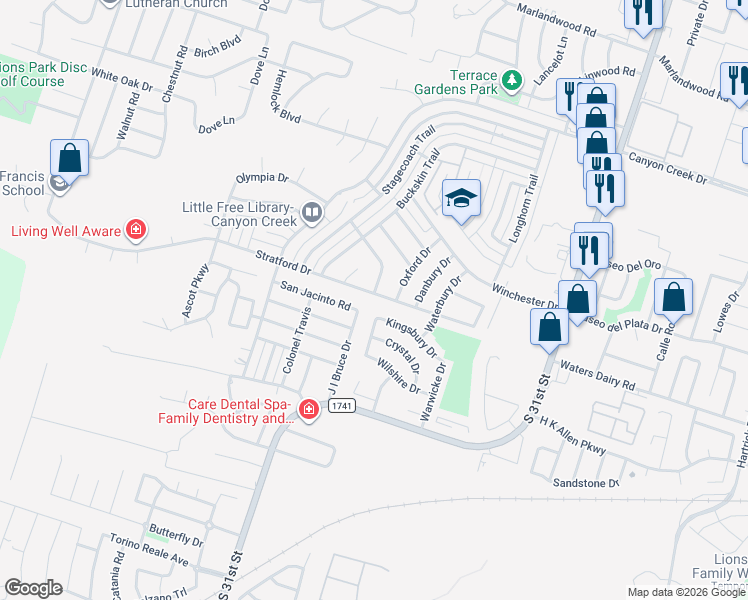 map of restaurants, bars, coffee shops, grocery stores, and more near 2305 Stratford Drive in Temple