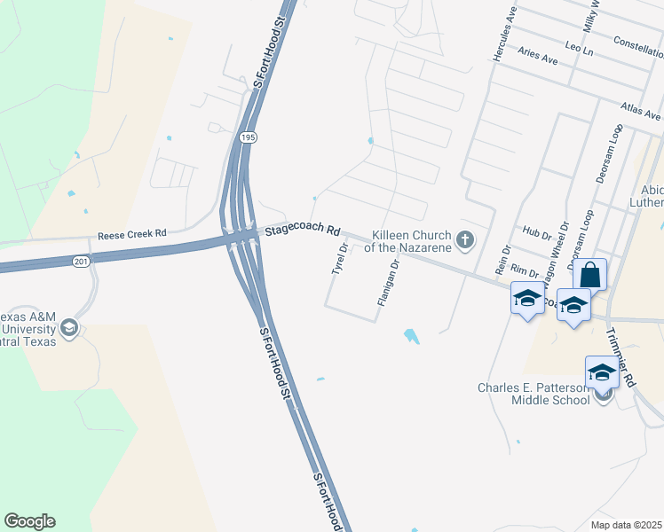 map of restaurants, bars, coffee shops, grocery stores, and more near 7807 Tyrel Drive in Killeen