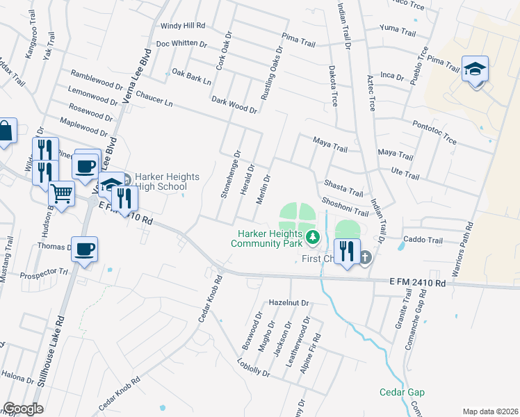 map of restaurants, bars, coffee shops, grocery stores, and more near 2021 Merlin Drive in Harker Heights
