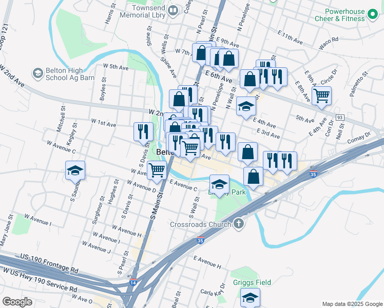 map of restaurants, bars, coffee shops, grocery stores, and more near 211 East Central Avenue in Bell