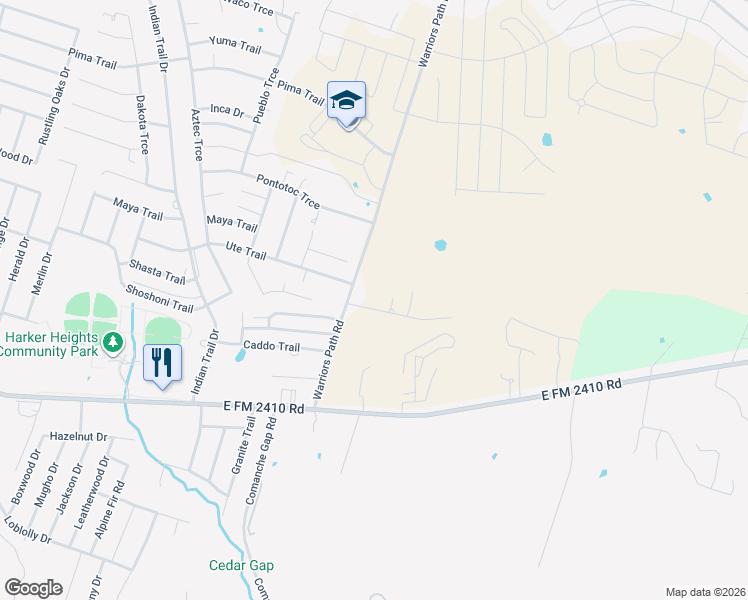 map of restaurants, bars, coffee shops, grocery stores, and more near 2023 Warriors Path Road in Harker Heights