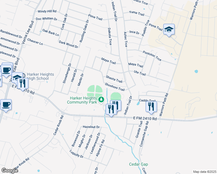 map of restaurants, bars, coffee shops, grocery stores, and more near 1514 Shoshoni Trail in Harker Heights
