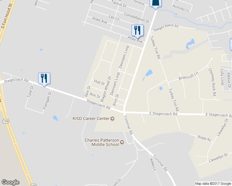map of restaurants, bars, coffee shops, grocery stores, and more near 6907 Alvin Drive in Killeen