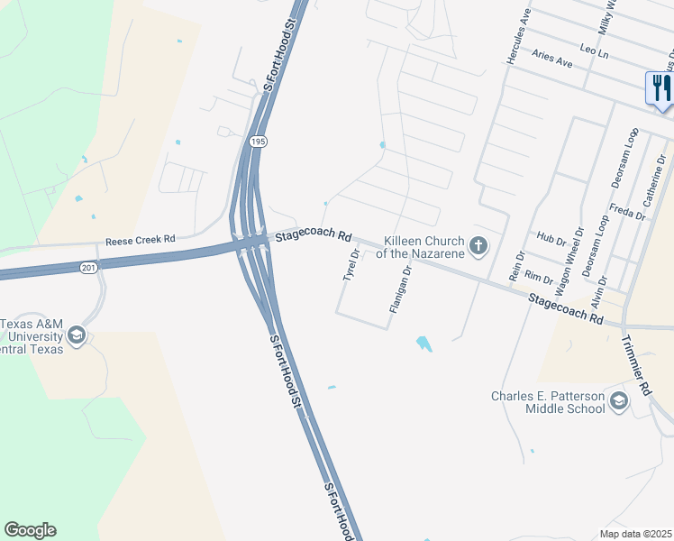 map of restaurants, bars, coffee shops, grocery stores, and more near 7807 Tyrel Drive in Killeen