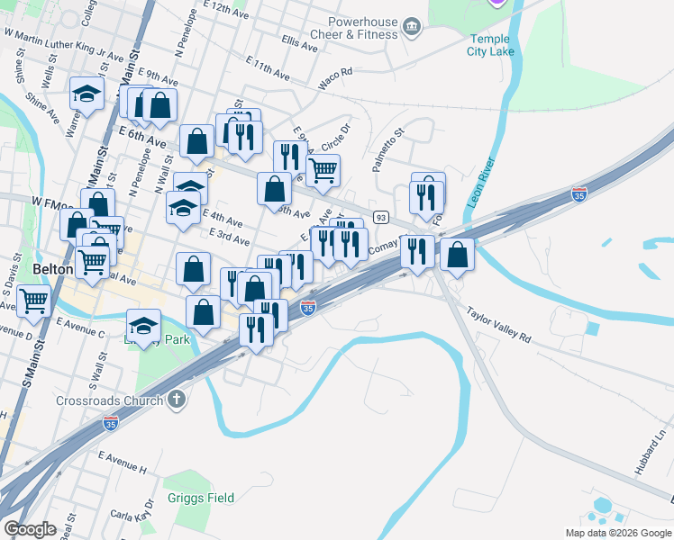 map of restaurants, bars, coffee shops, grocery stores, and more near 307 N Ih 35 Svc Rd in Belton