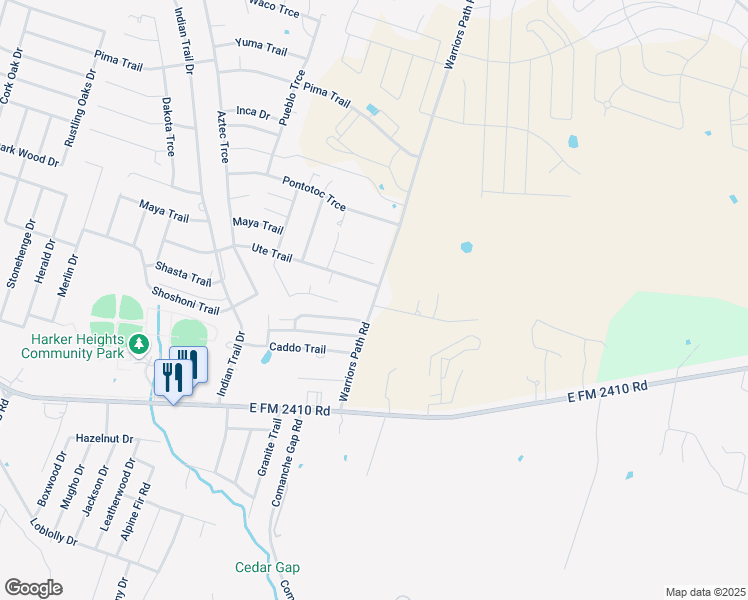map of restaurants, bars, coffee shops, grocery stores, and more near 2042 Warriors Path Road in Harker Heights