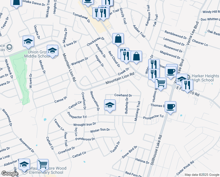 map of restaurants, bars, coffee shops, grocery stores, and more near 514 Mustang Trail in Harker Heights