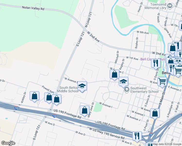 map of restaurants, bars, coffee shops, grocery stores, and more near 601 Dusty Lane in Belton