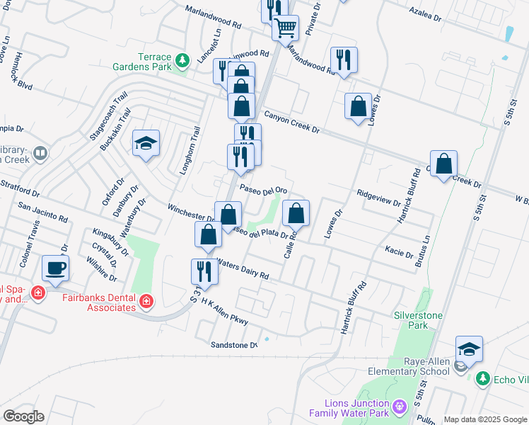 map of restaurants, bars, coffee shops, grocery stores, and more near 4613 Calle Nogal in Temple