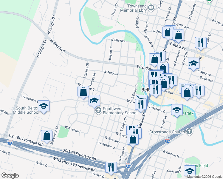 map of restaurants, bars, coffee shops, grocery stores, and more near 321 South Burnet Street in Belton