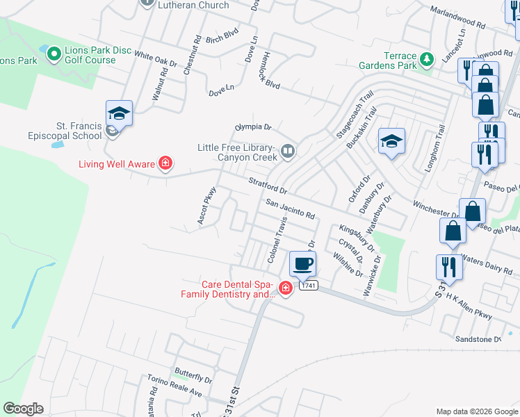 map of restaurants, bars, coffee shops, grocery stores, and more near 2910 Alamo Trail in Temple