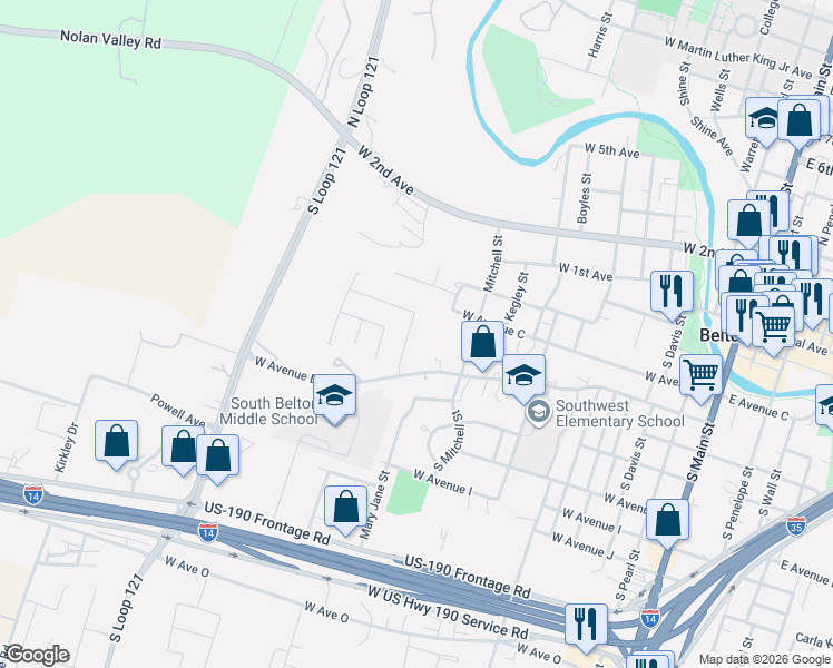 map of restaurants, bars, coffee shops, grocery stores, and more near 705 Marshall Drive in Belton