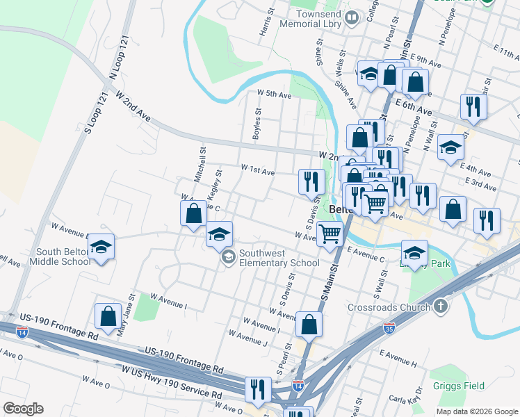 map of restaurants, bars, coffee shops, grocery stores, and more near 321 South Burnet Street in Belton