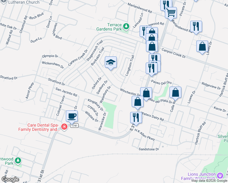 map of restaurants, bars, coffee shops, grocery stores, and more near 1814 Waterbury Court in Temple
