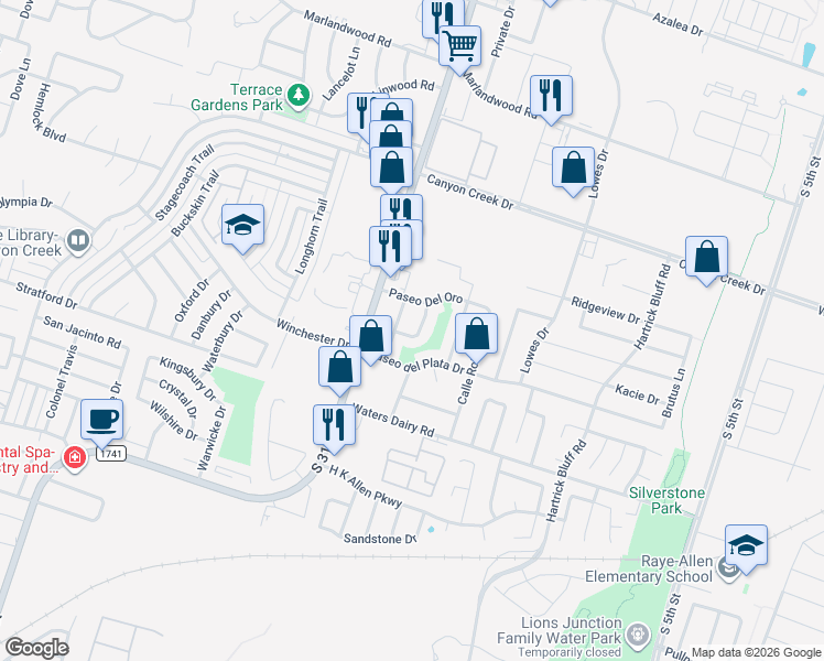 map of restaurants, bars, coffee shops, grocery stores, and more near 4613 Calle Nogal in Temple