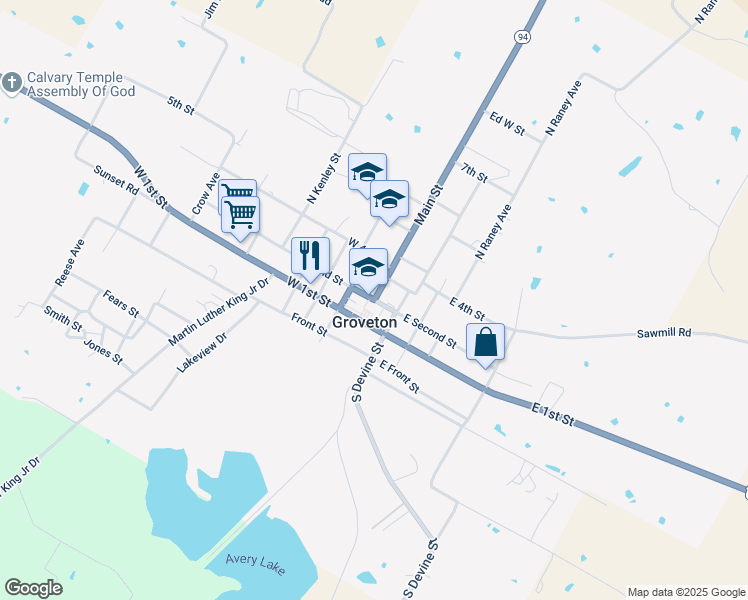 map of restaurants, bars, coffee shops, grocery stores, and more near Texas 94 in Groveton
