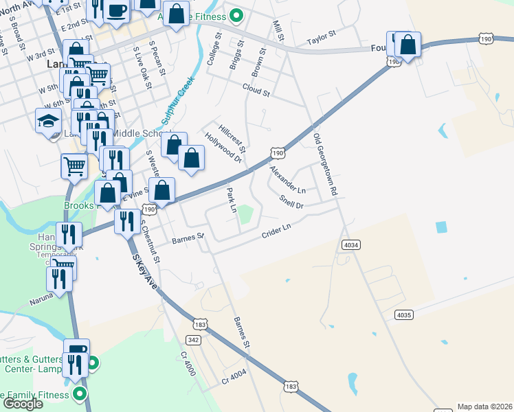 map of restaurants, bars, coffee shops, grocery stores, and more near 73 Sue Ann Drive in Lampasas
