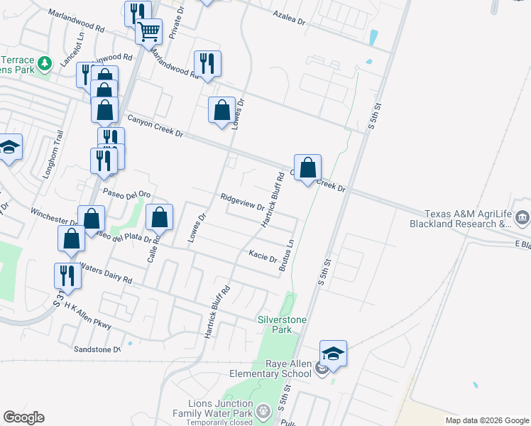 map of restaurants, bars, coffee shops, grocery stores, and more near 621 Ridgeview Drive in Temple