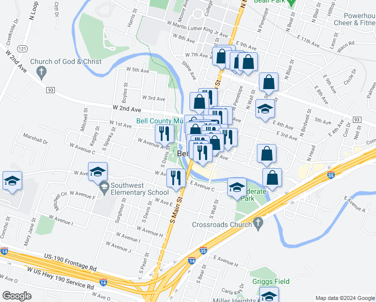 map of restaurants, bars, coffee shops, grocery stores, and more near 101 West Central Avenue in Belton