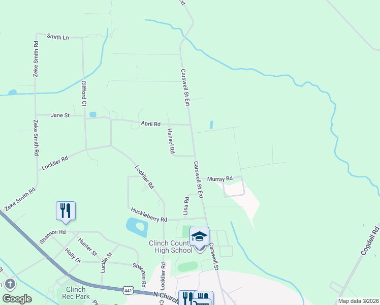 map of restaurants, bars, coffee shops, grocery stores, and more near 1401-1475 Carswell Road in Homerville