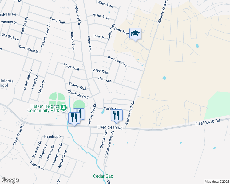 map of restaurants, bars, coffee shops, grocery stores, and more near 1806 Tru Trail in Harker Heights