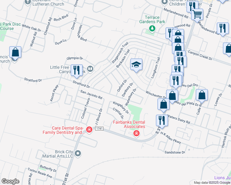 map of restaurants, bars, coffee shops, grocery stores, and more near 4712 Oxford Drive in Temple