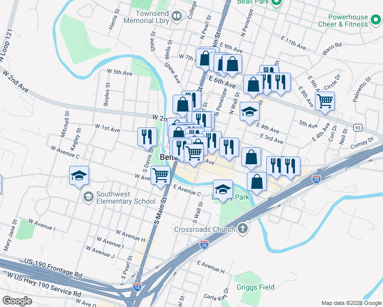 map of restaurants, bars, coffee shops, grocery stores, and more near 211 East Central Avenue in Bell