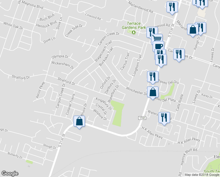 map of restaurants, bars, coffee shops, grocery stores, and more near 4613 Danbury Drive in Temple