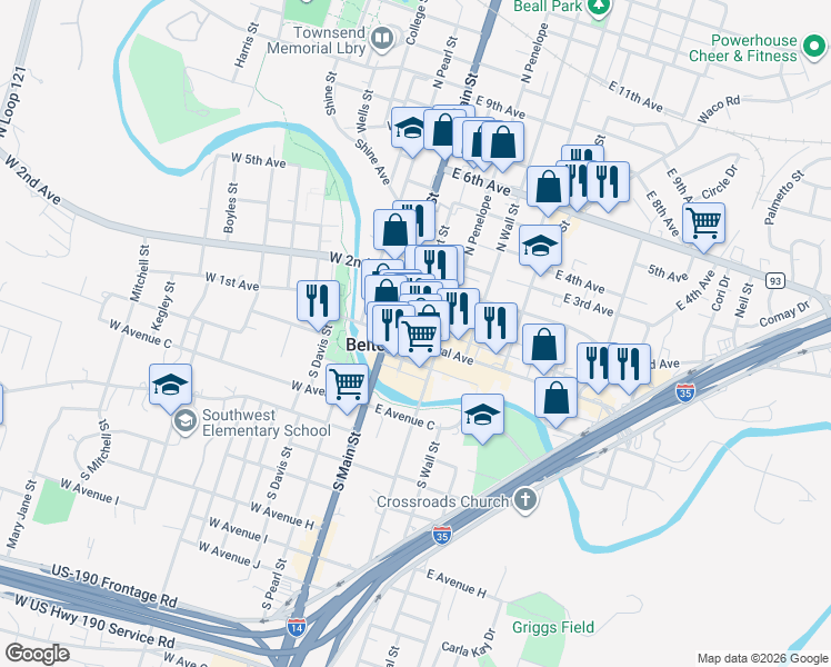 map of restaurants, bars, coffee shops, grocery stores, and more near 211 East Central Avenue in Bell