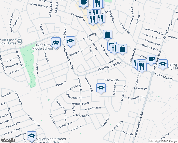 map of restaurants, bars, coffee shops, grocery stores, and more near 503 Mustang Trail in Harker Heights