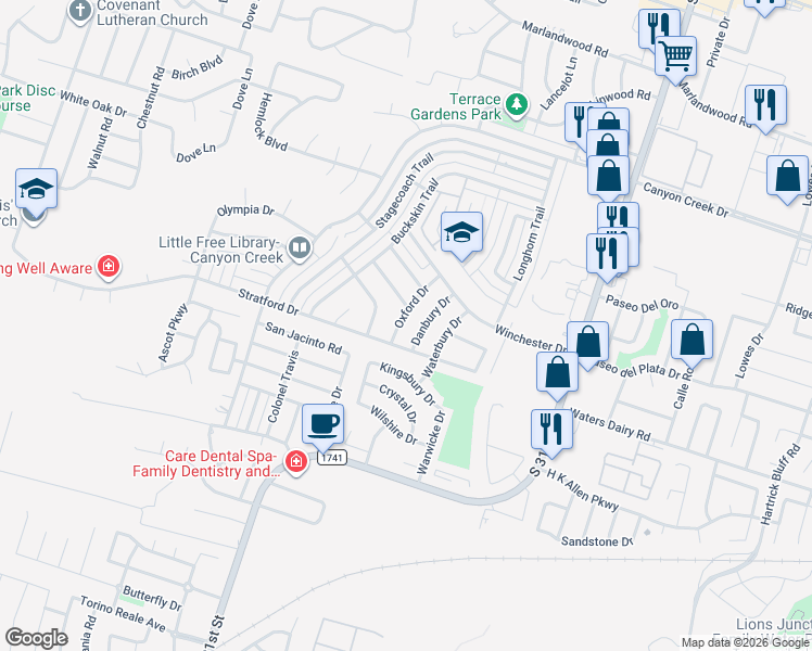 map of restaurants, bars, coffee shops, grocery stores, and more near 4714 Danbury Drive in Temple