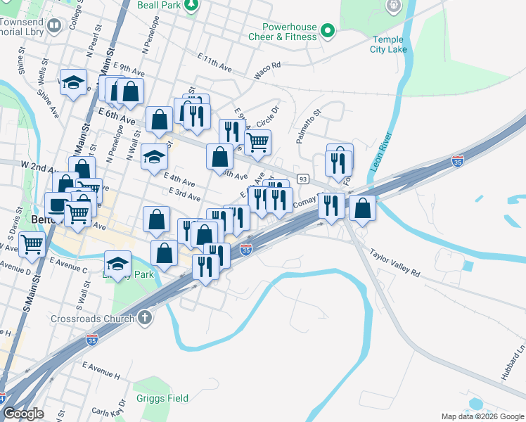 map of restaurants, bars, coffee shops, grocery stores, and more near 1102 Cheryl Lane in Belton