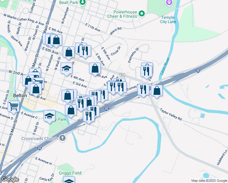map of restaurants, bars, coffee shops, grocery stores, and more near 307 N Ih 35 Svc Rd in Belton