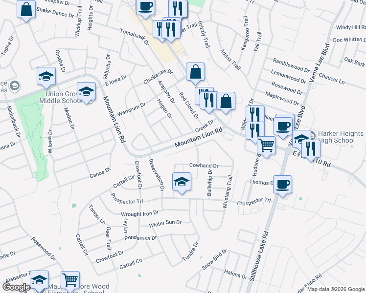 map of restaurants, bars, coffee shops, grocery stores, and more near 514 Mustang Trail in Harker Heights