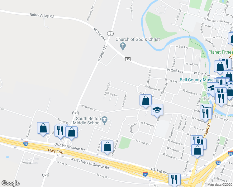 map of restaurants, bars, coffee shops, grocery stores, and more near 511 Dusty Trail in Belton