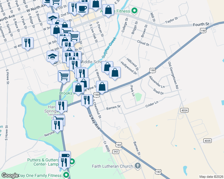 map of restaurants, bars, coffee shops, grocery stores, and more near 526 Central Texas Expressway in Lampasas