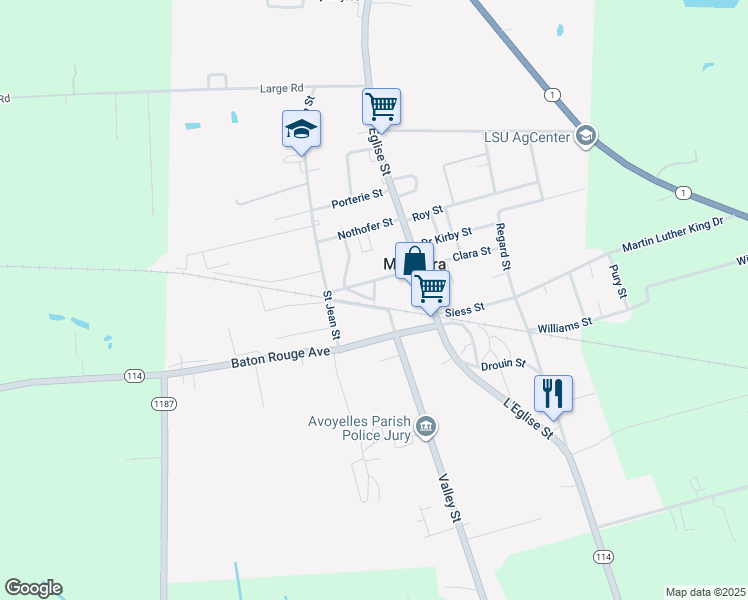 map of restaurants, bars, coffee shops, grocery stores, and more near Depot St & Cleco St in Mansura