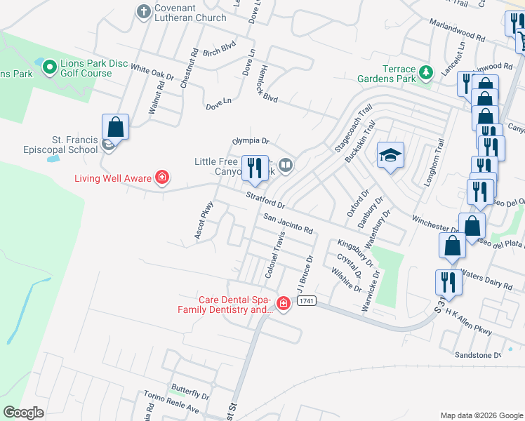 map of restaurants, bars, coffee shops, grocery stores, and more near 2910 Alamo Trail in Temple